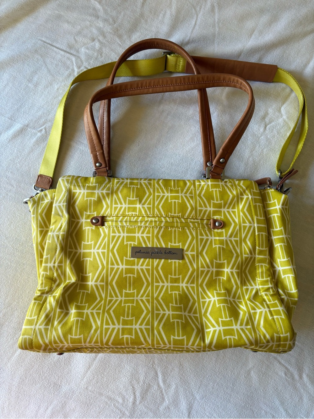Petunia Pickle Bottom Yellow Geometric Tote with Tan Handles